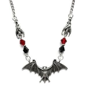 Gothic Bat Pendant Necklace with Red and Black Accents